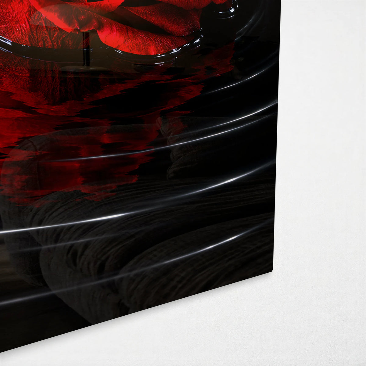 Rose on Black Water — corner detail of glass wall art