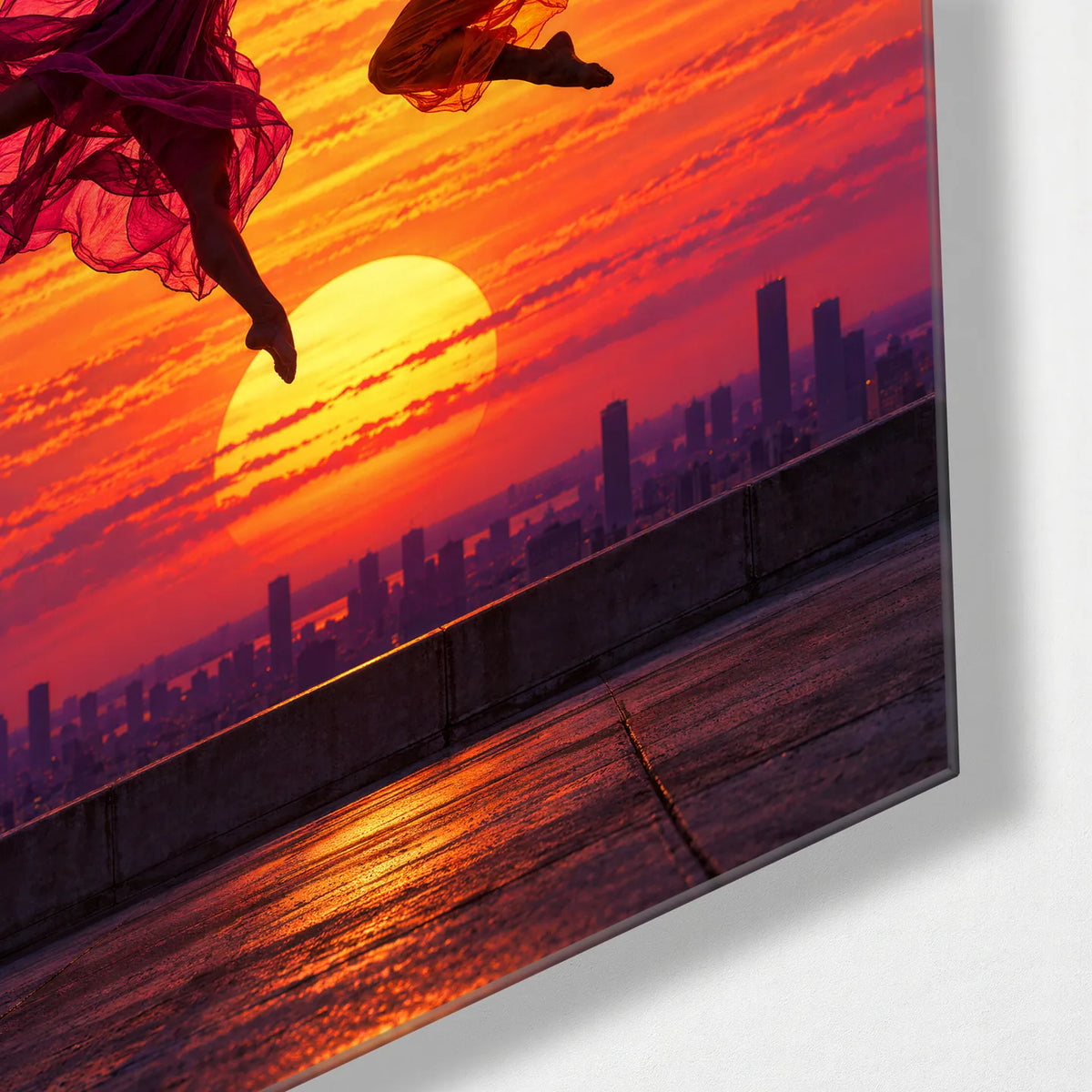 Leap at Sunset — corner detail of glass wall art