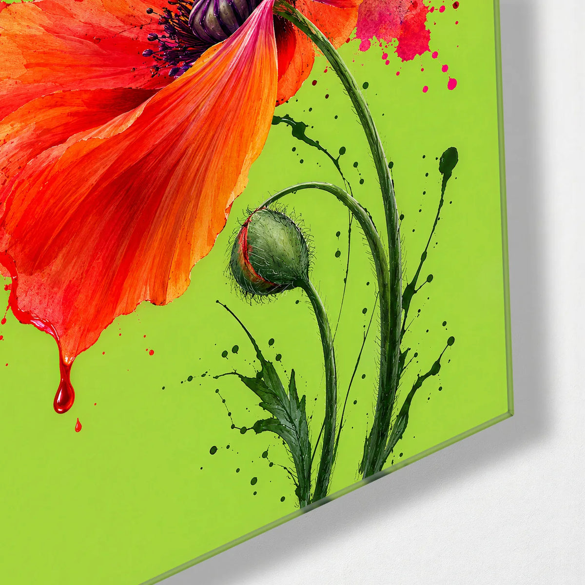 Ink Poppy on Lime — corner detail of glass wall art