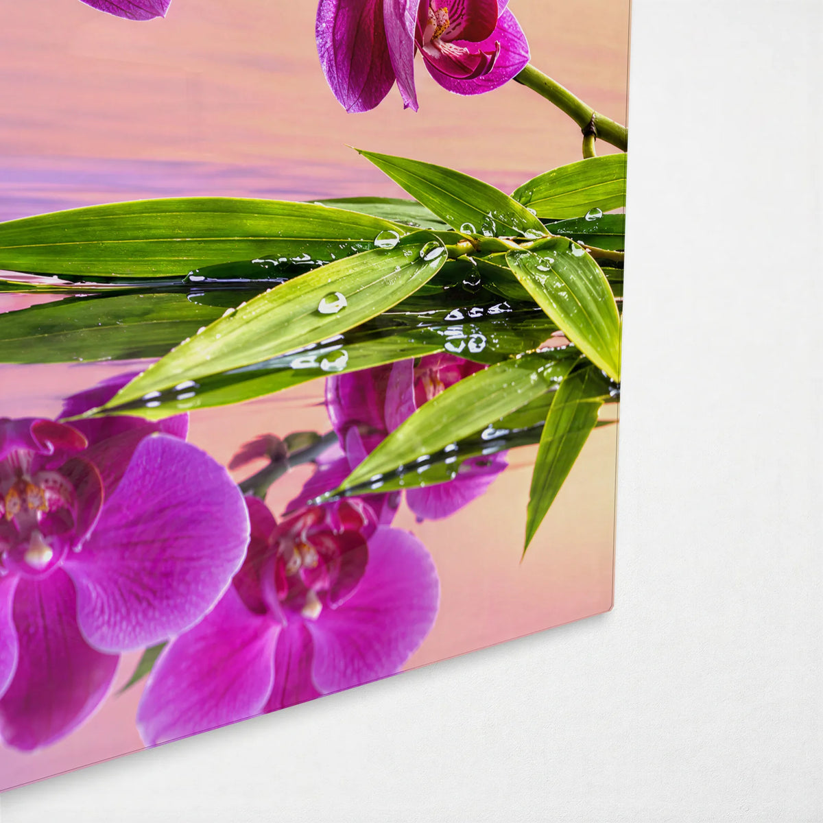 Orchids and Stacked Stones — corner detail of glass wall art