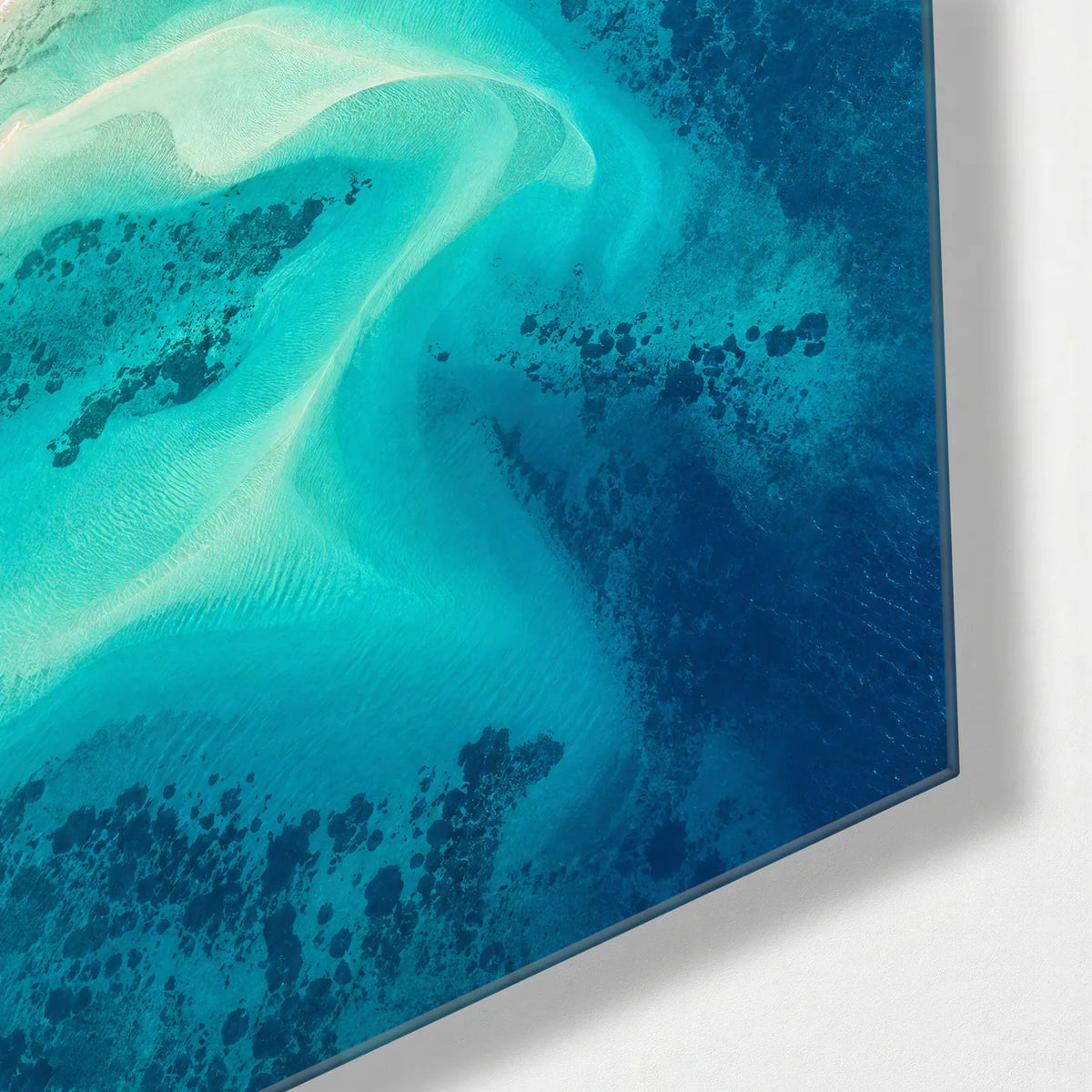 Red Coast Turquoise Sea — corner detail of glass wall art