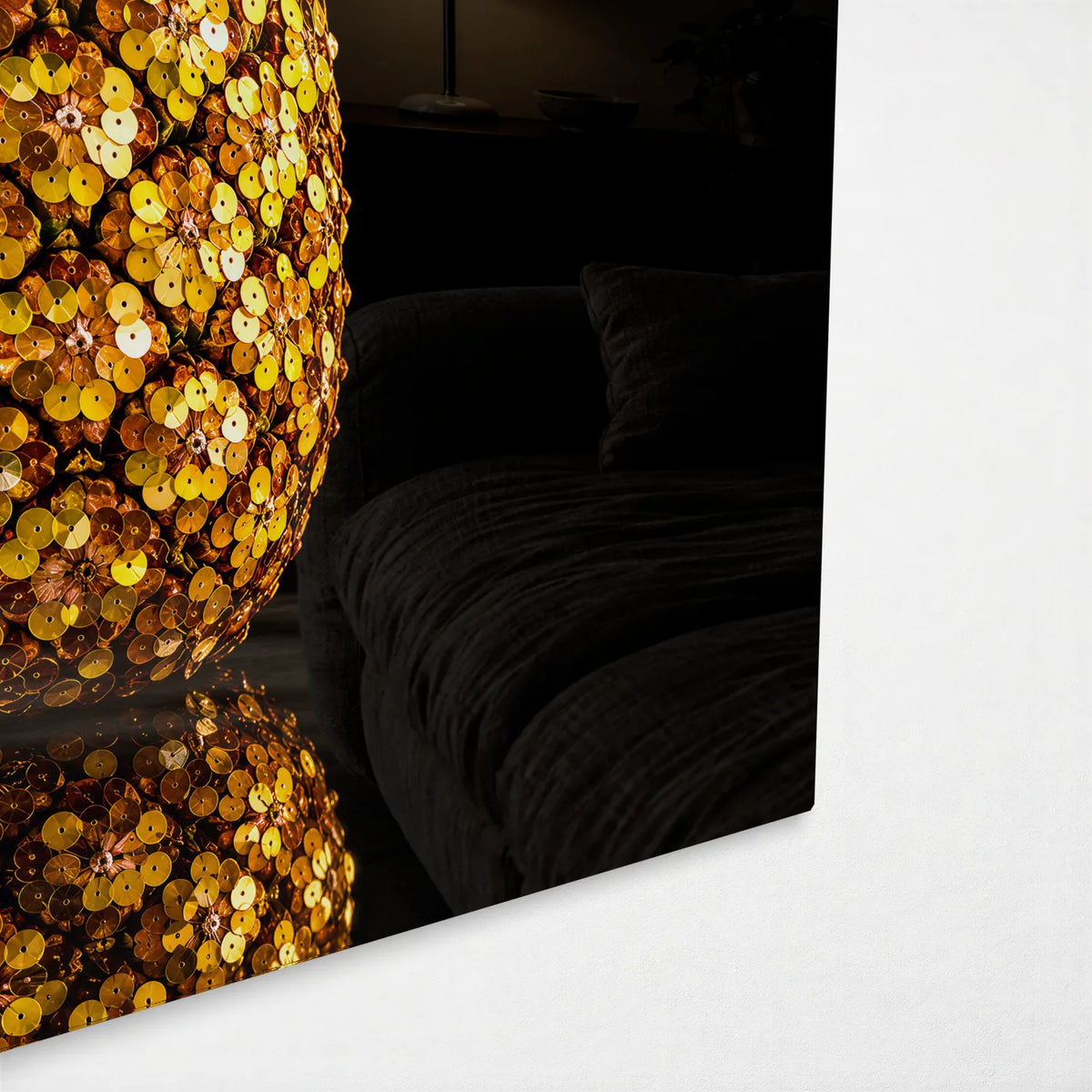 Sequin Pineapple — corner detail of glass wall art