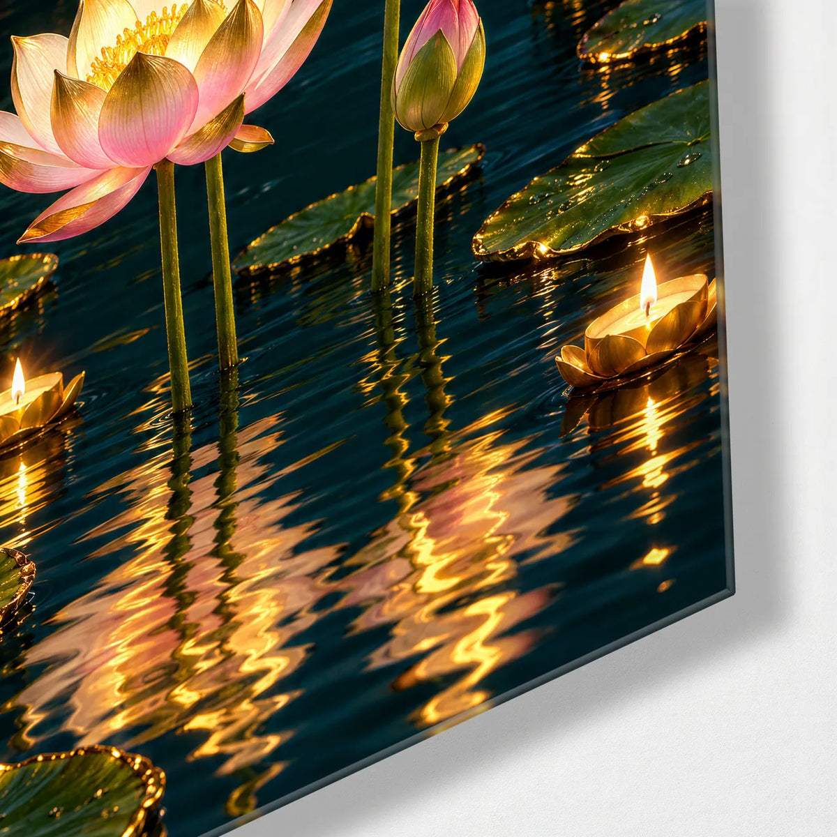 Golden Lotus Night — corner detail of glass wall art