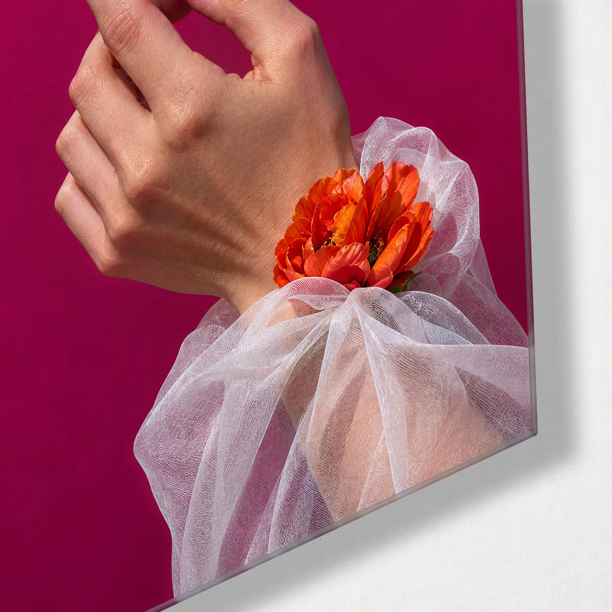 Morpho on a Fingertip — corner detail of glass wall art