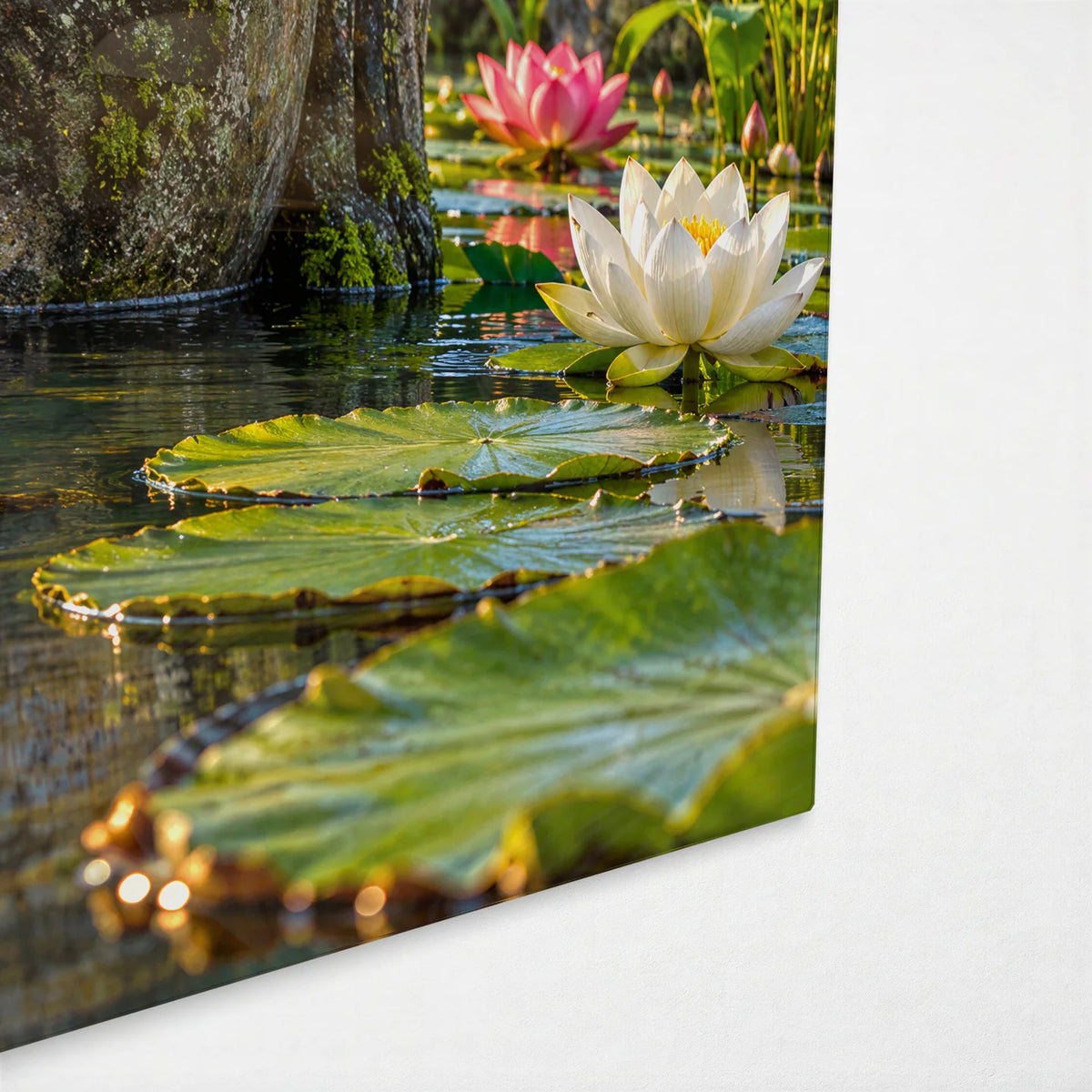 Stone Buddha Among Lotus — corner detail of glass wall art