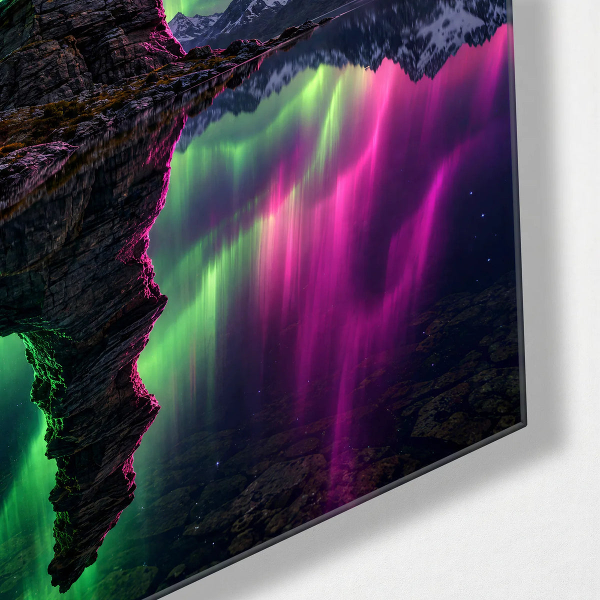 Pinnacle Under Aurora — corner detail of glass wall art