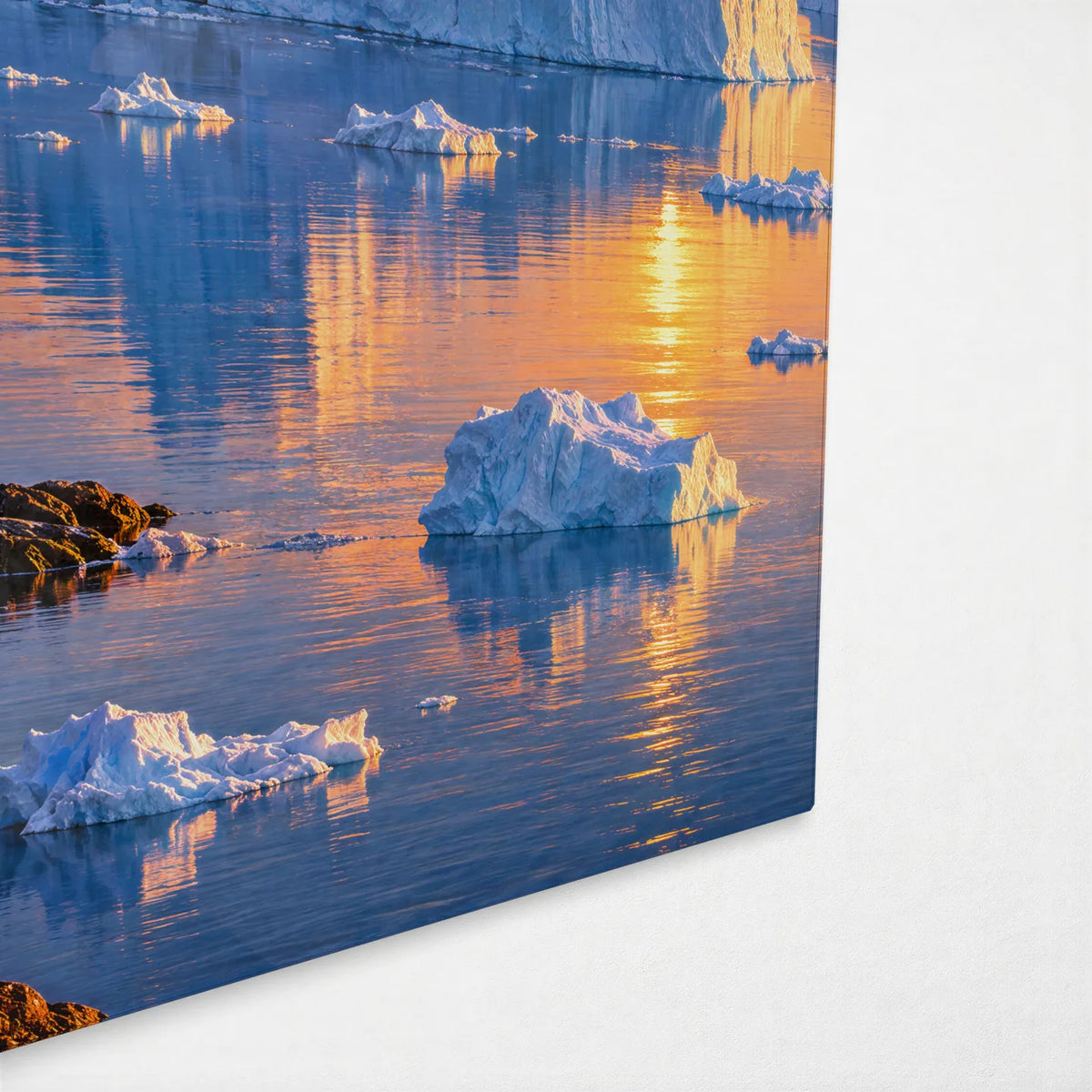 Icebergs at Sundown — corner detail of glass wall art