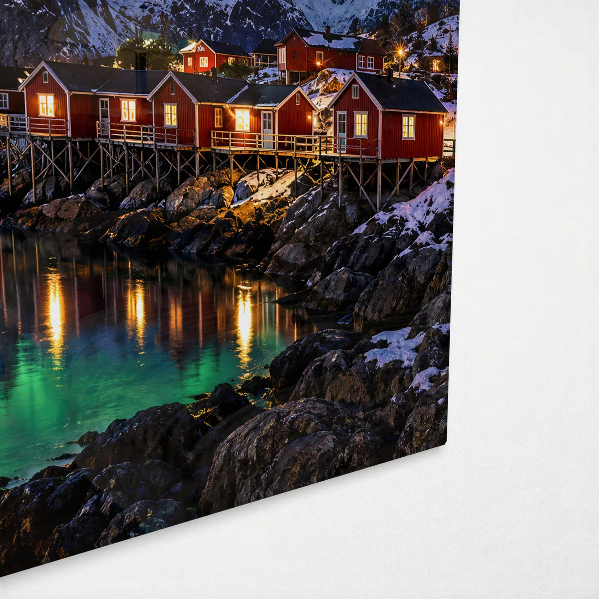 Aurora Over Reine — corner detail of glass wall art