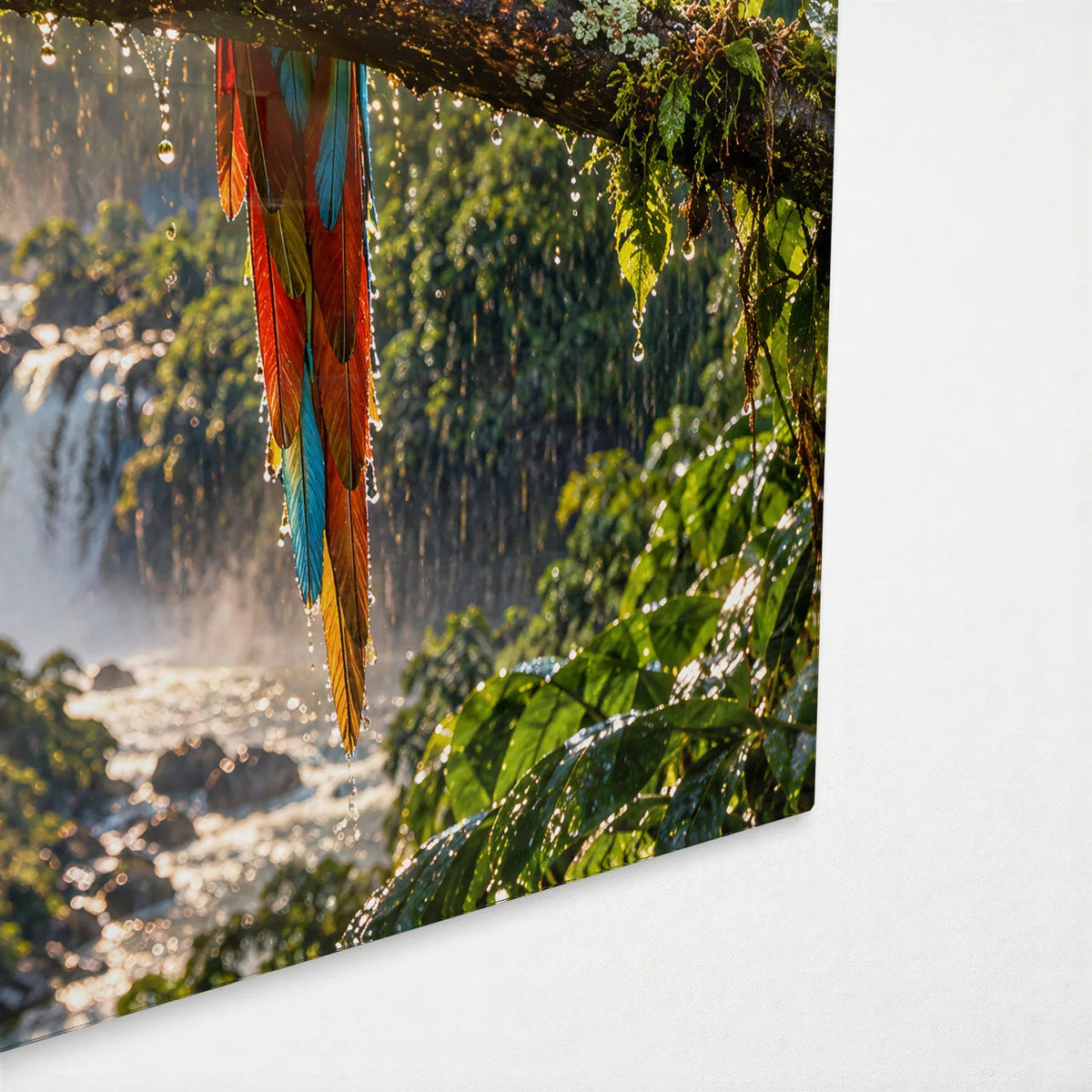 Three Macaws in the Rain — corner detail of glass wall art