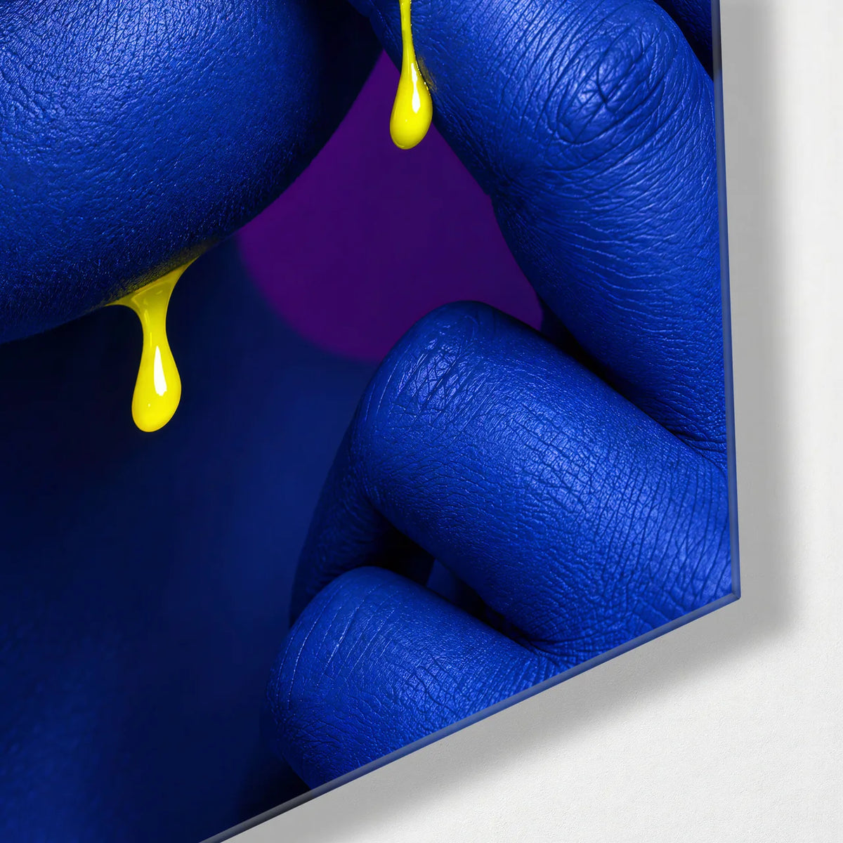 Honey on Cobalt — corner detail of glass wall art