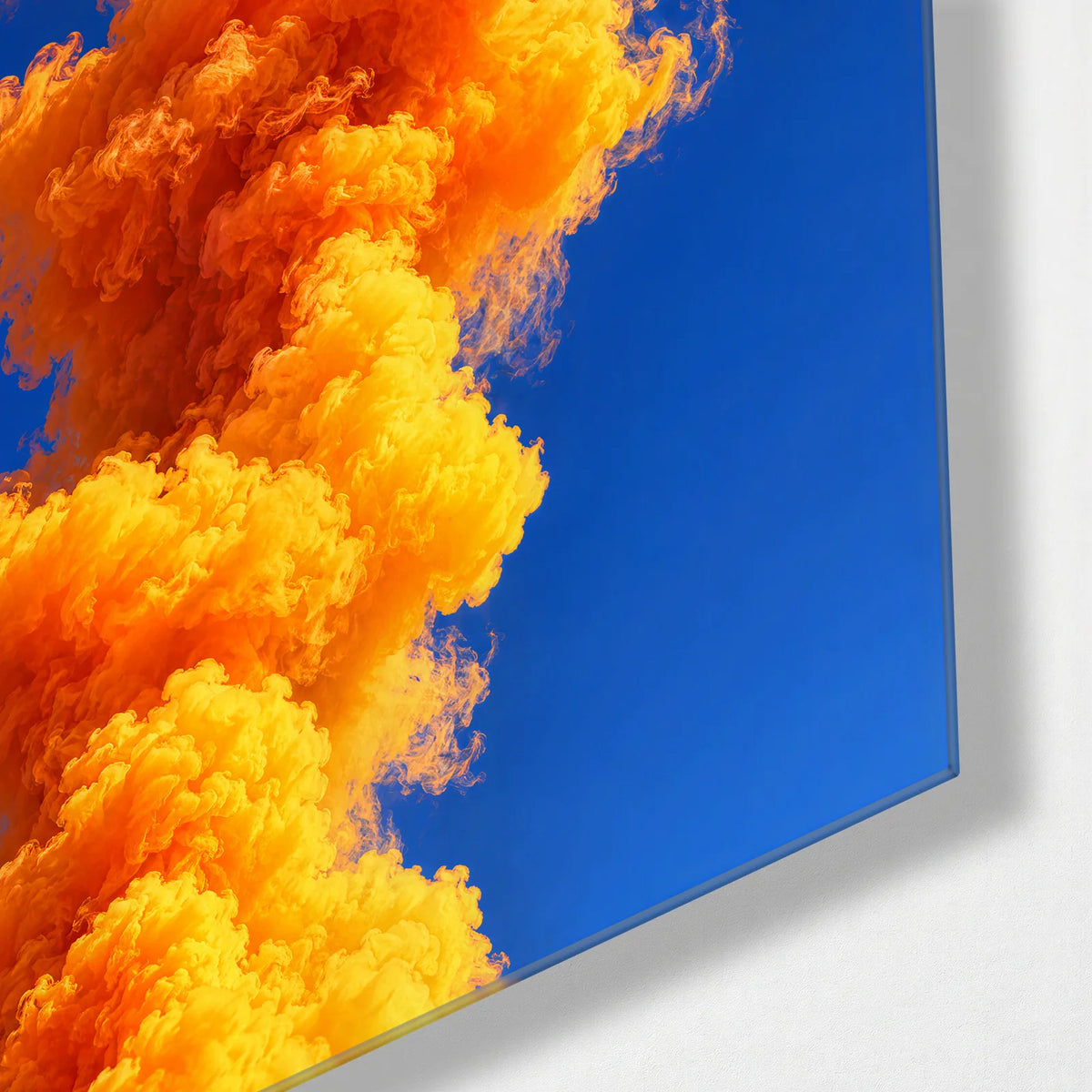 Orange Smoke Blue Sky — corner detail of glass wall art
