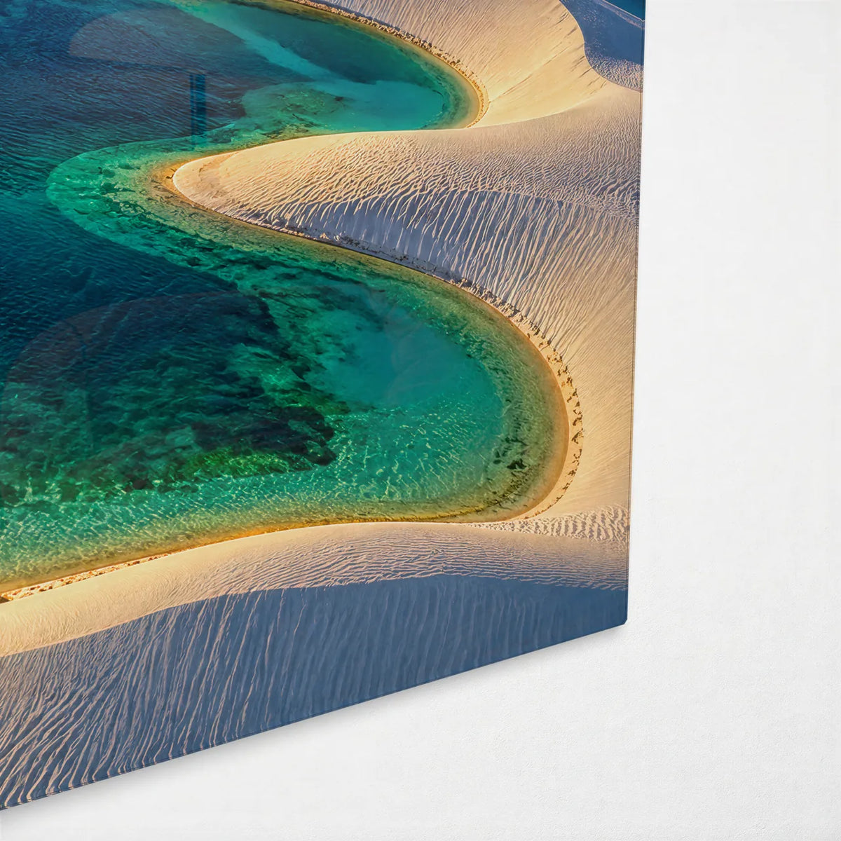Lagoons in the Dunes — corner detail of glass wall art