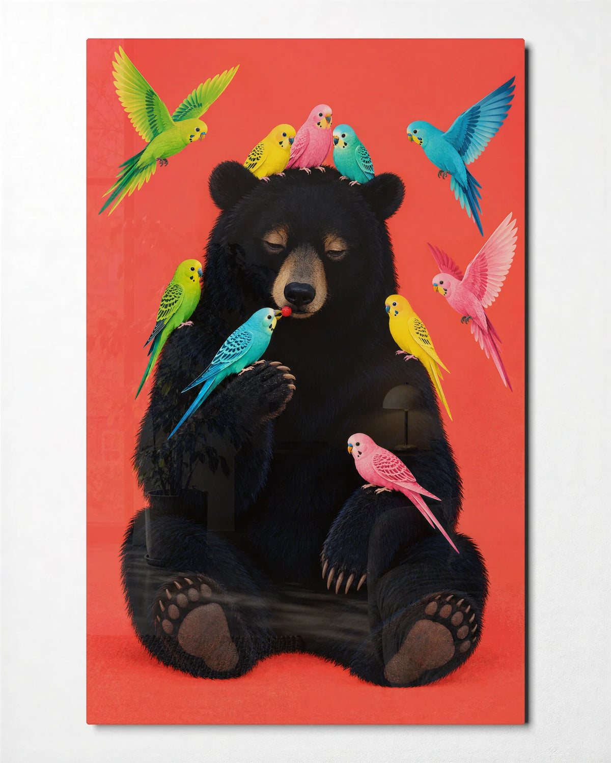 Bear Among Parakeets — front view of glass wall art