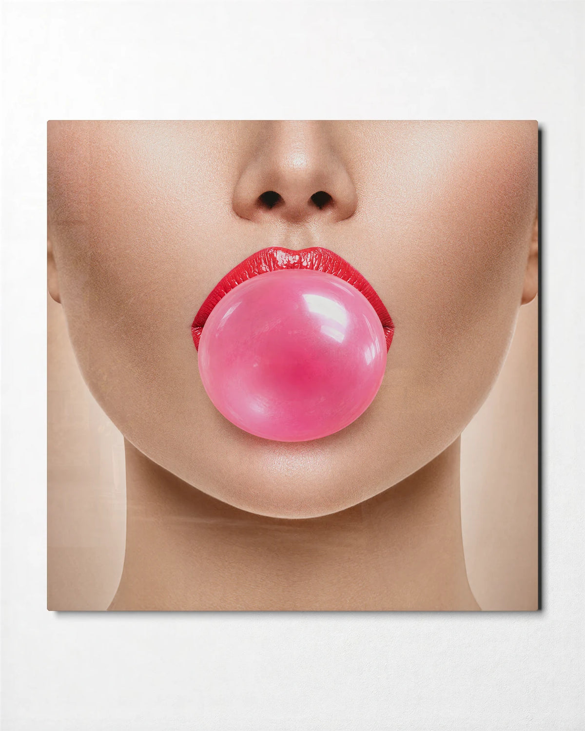 Bubble Gum Lips — front view of glass wall art