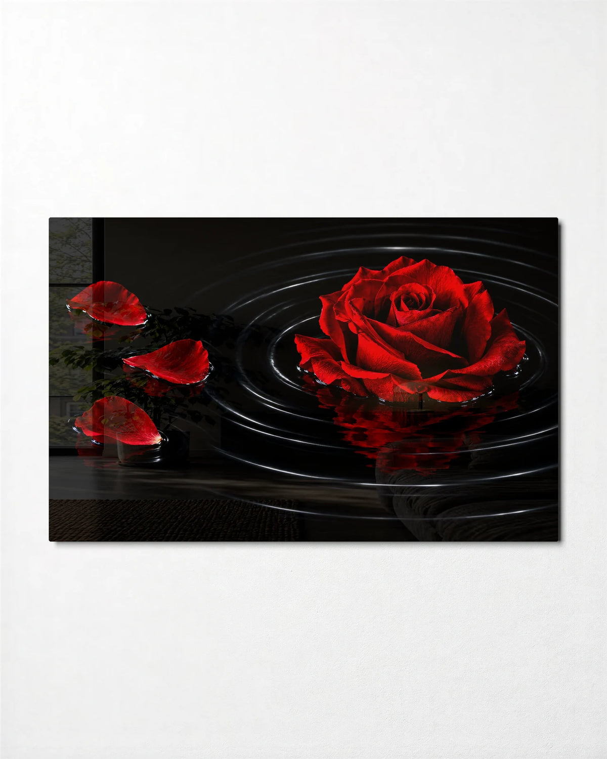 Rose on Black Water — front view of glass wall art