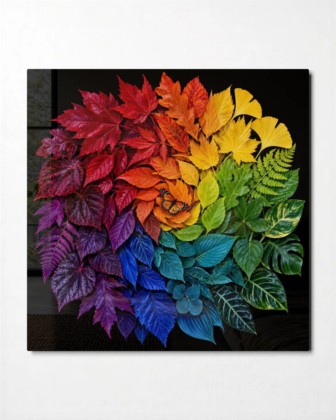 Rainbow of Leaves — front view of glass wall art