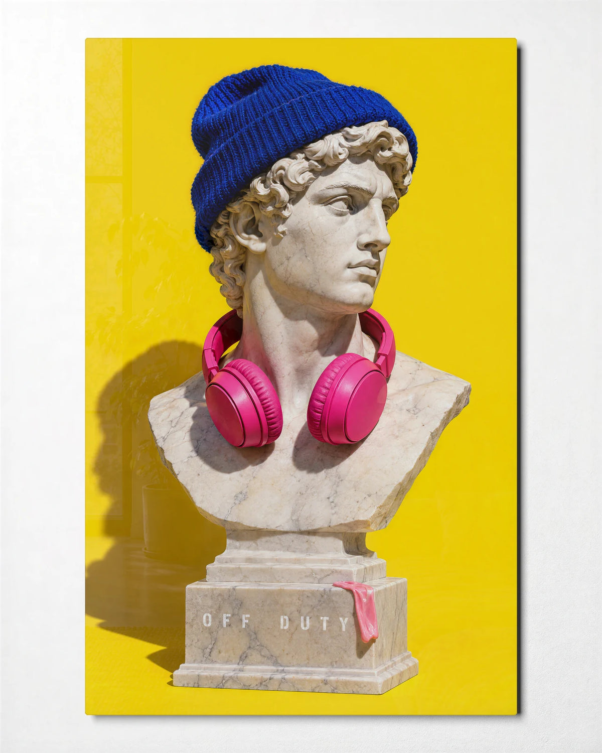 Bust Off Duty — front view of glass wall art
