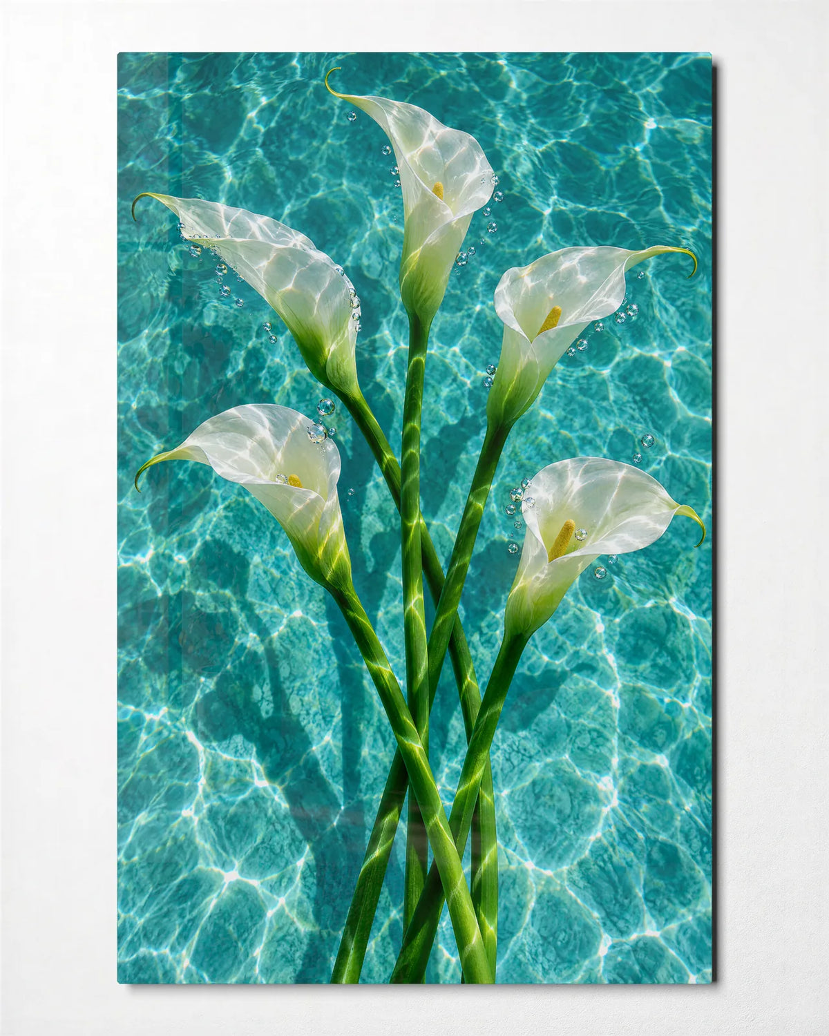 Callas in the Pool — front view of glass wall art
