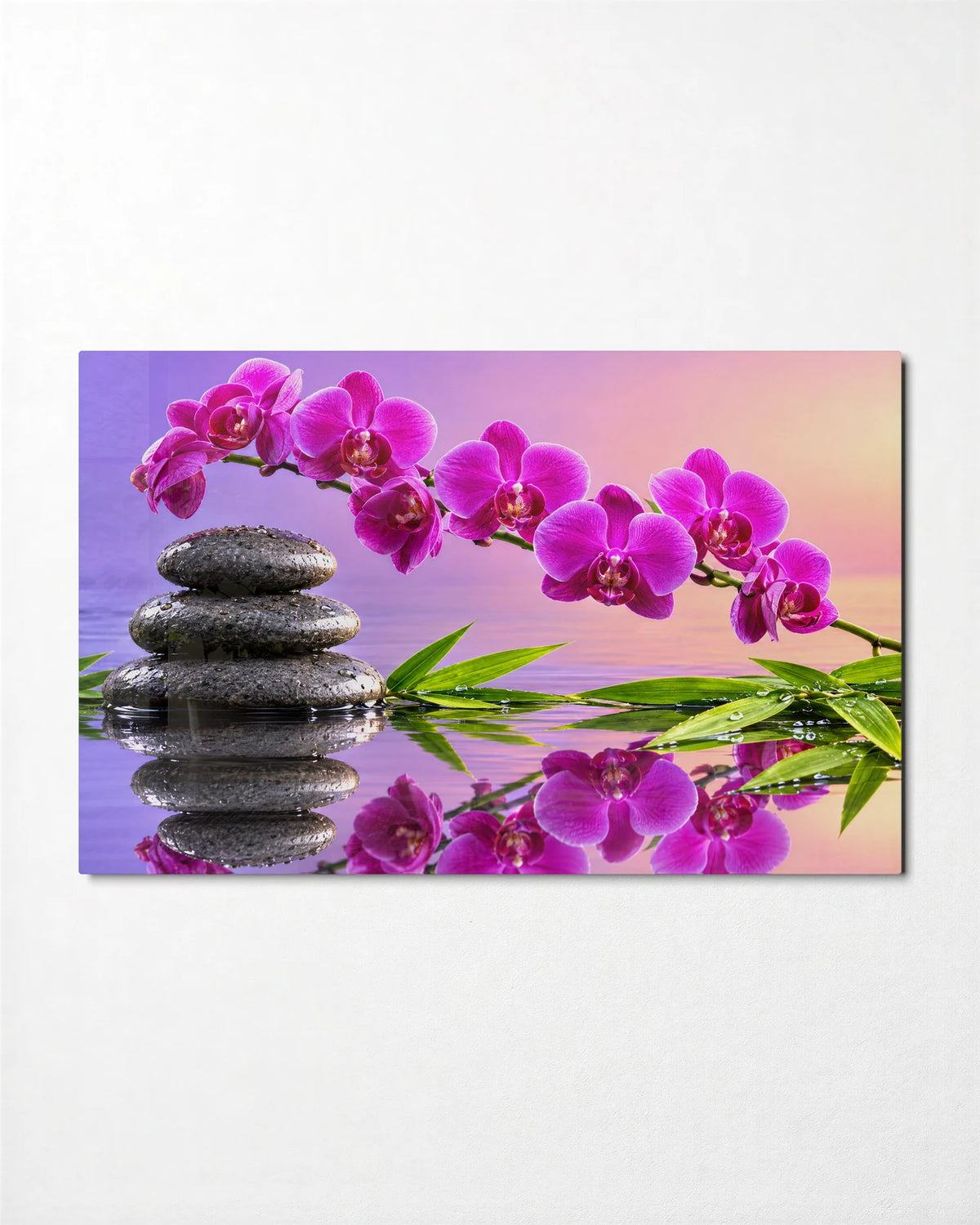 Orchids and Stacked Stones — front view of glass wall art
