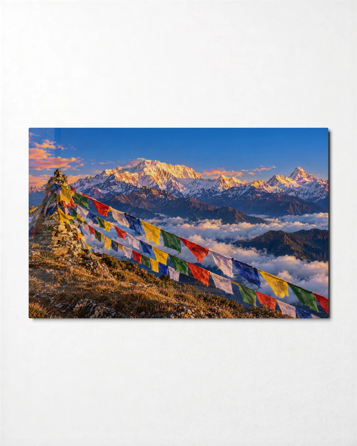 Prayer Flags over the Clouds — front view of glass wall art