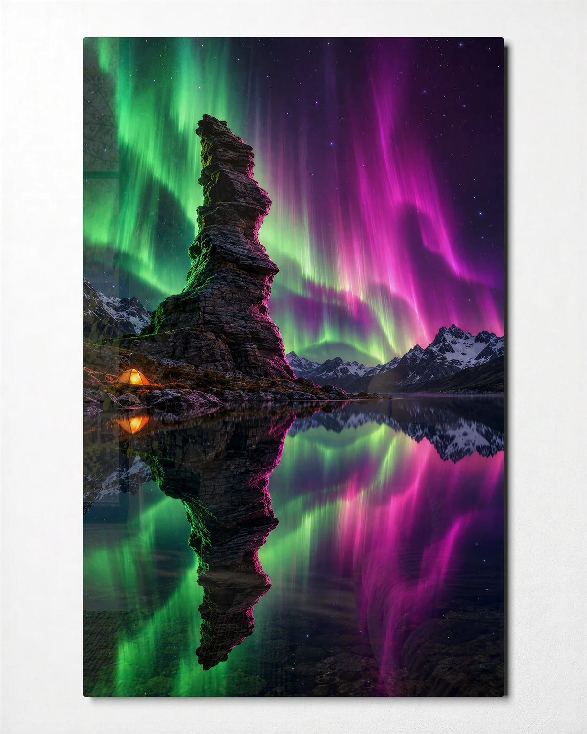 Pinnacle Under Aurora — front view of glass wall art
