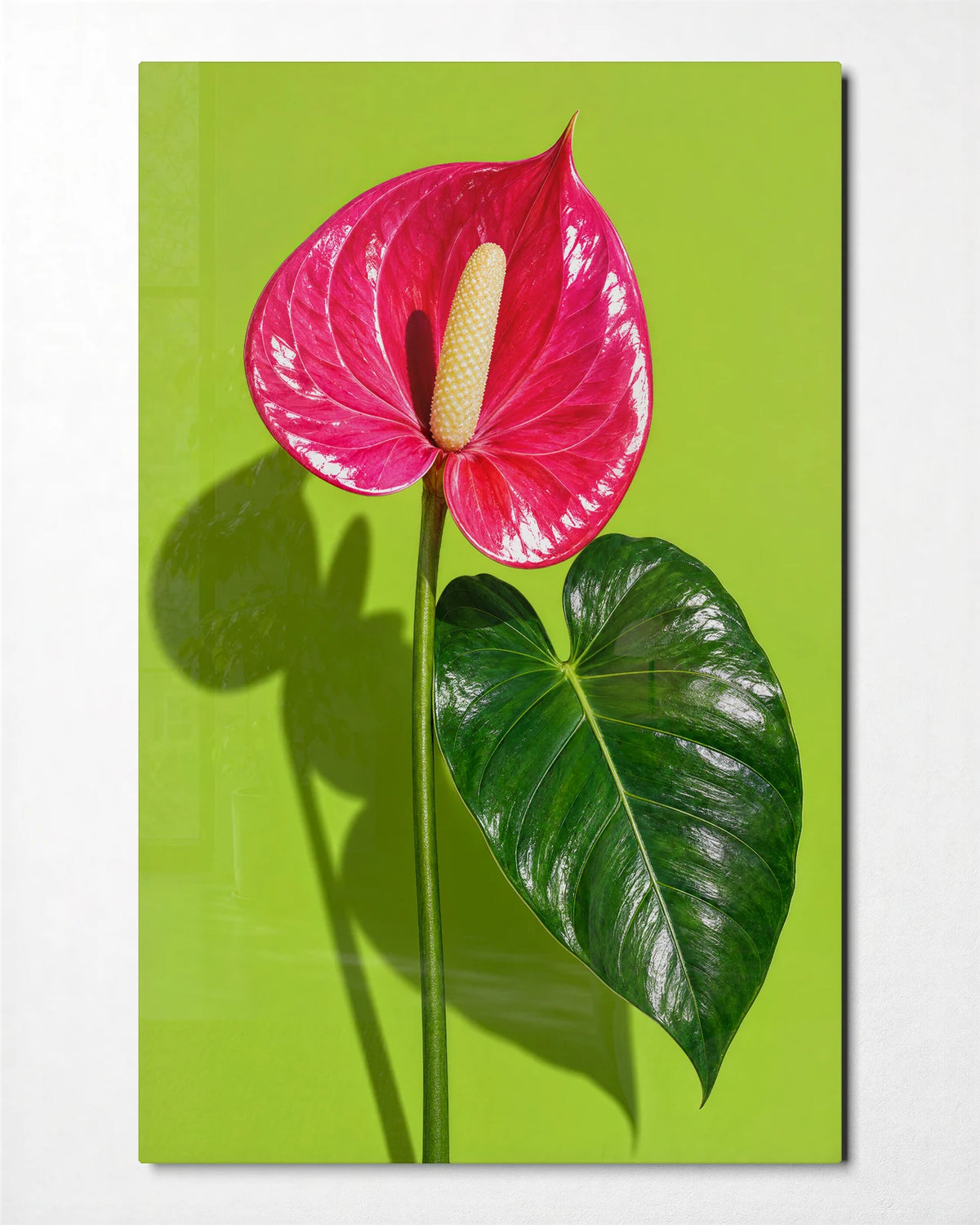 Anthurium on Lime — front view of glass wall art