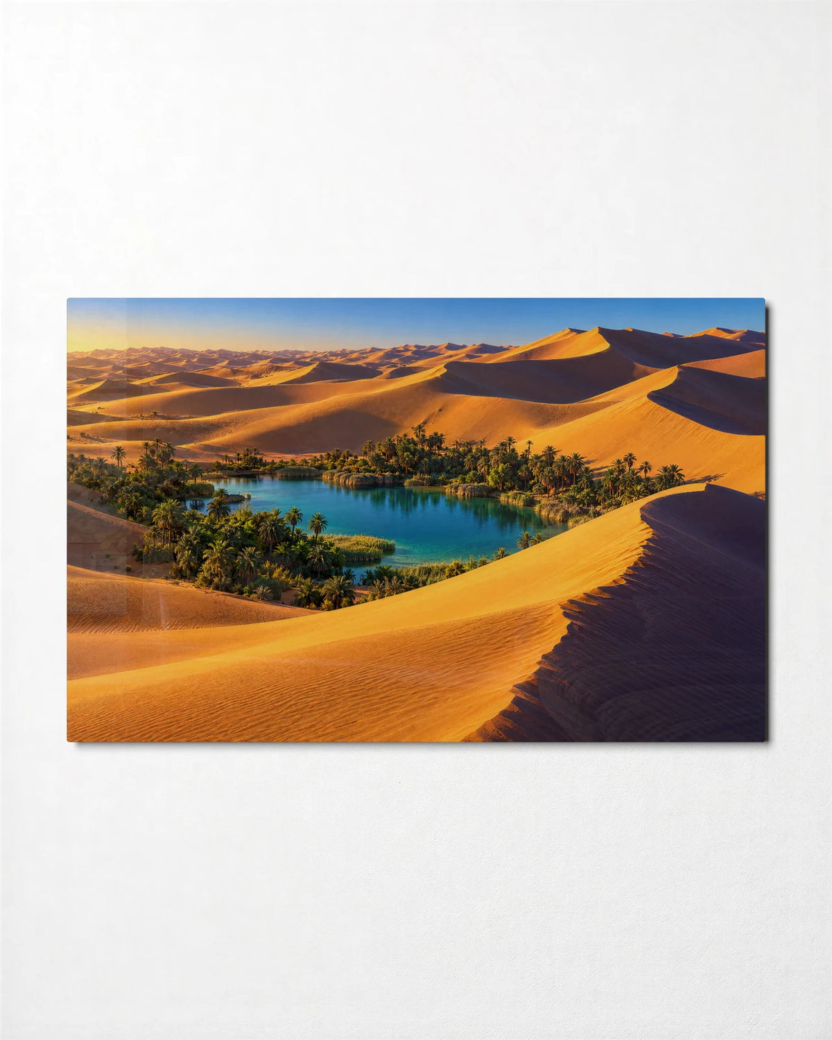 Oasis in the Dunes — front view of glass wall art