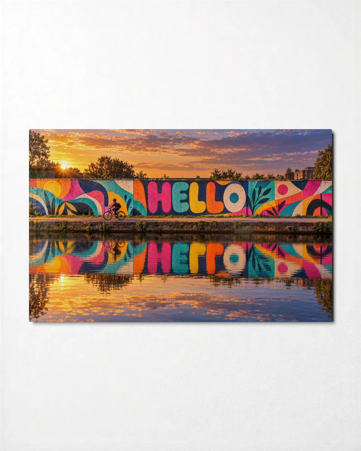 Hello by the Canal — front view of glass wall art