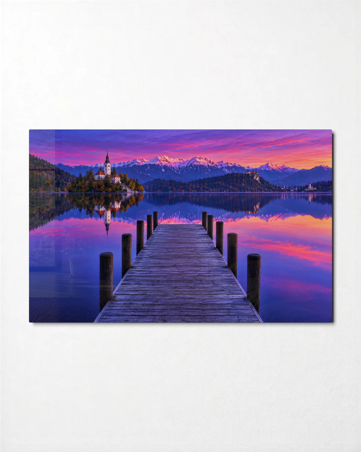 Bled at Dawn — front view of glass wall art