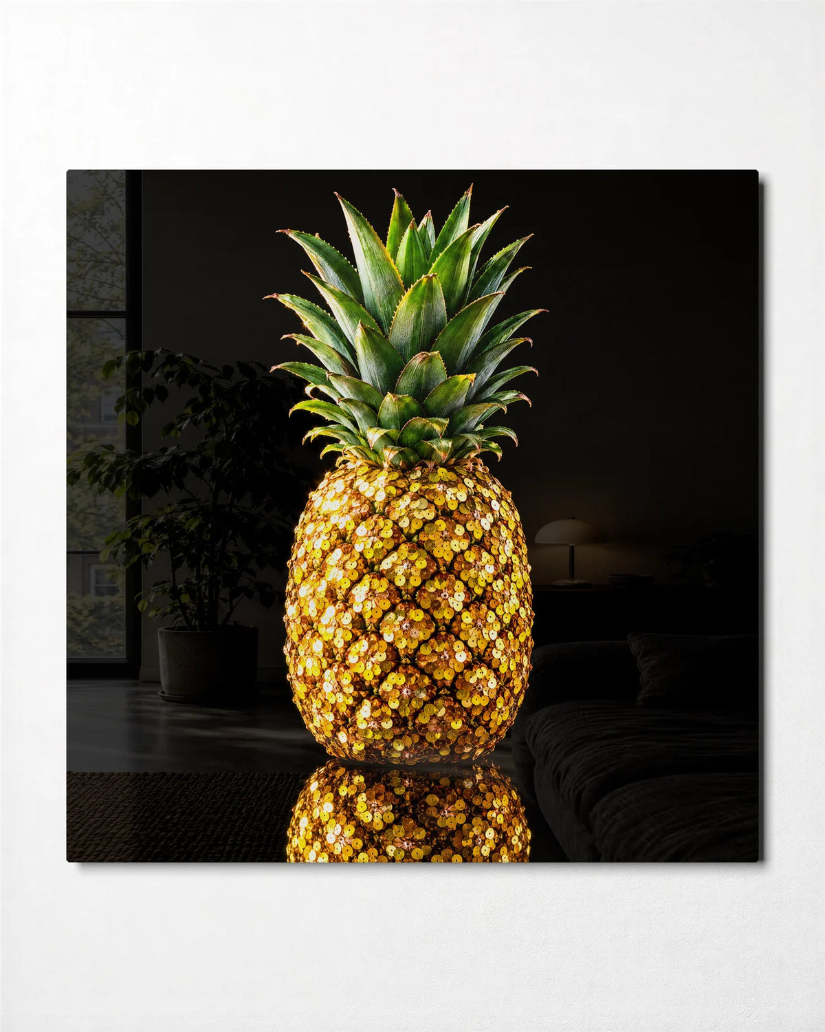Sequin Pineapple — front view of glass wall art
