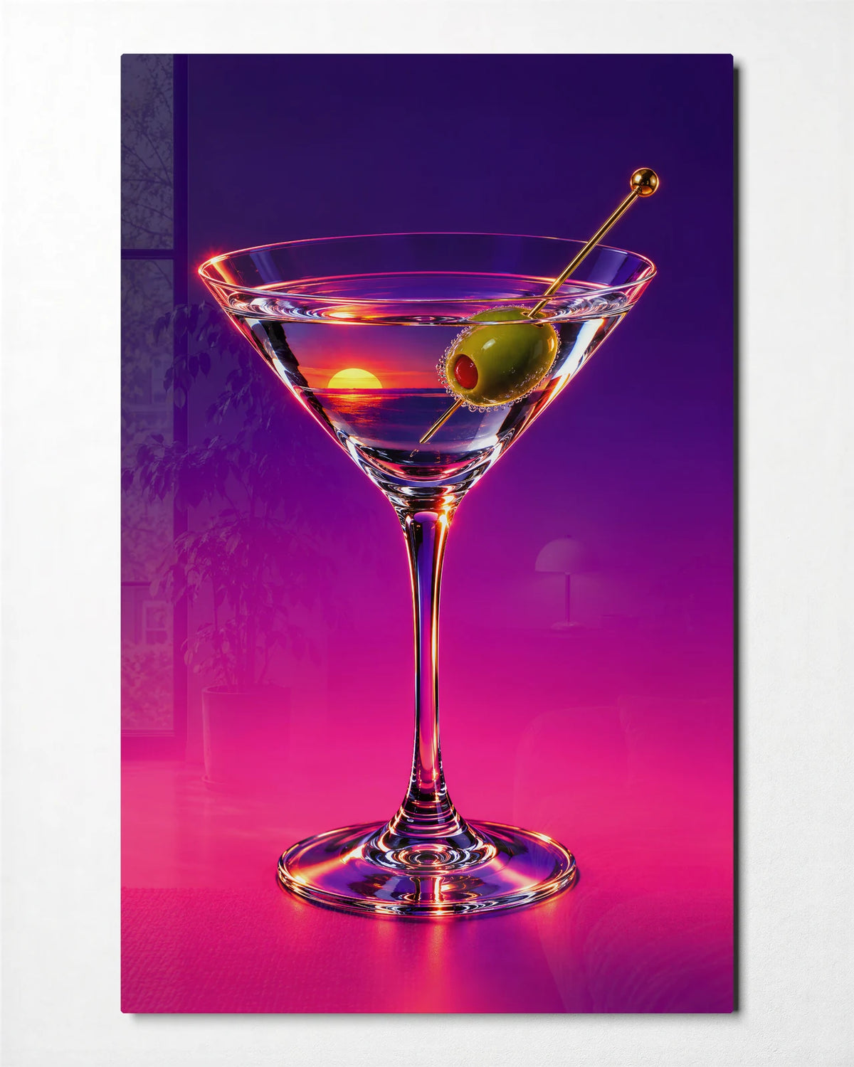 Martini at Sunset — front view of glass wall art