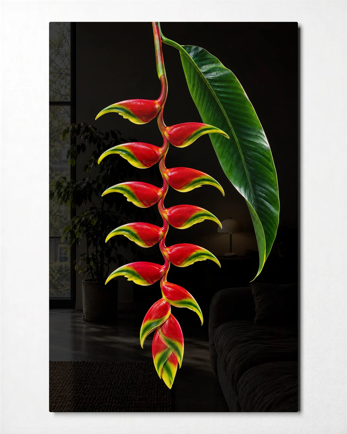 Heliconia on Black — front view of glass wall art