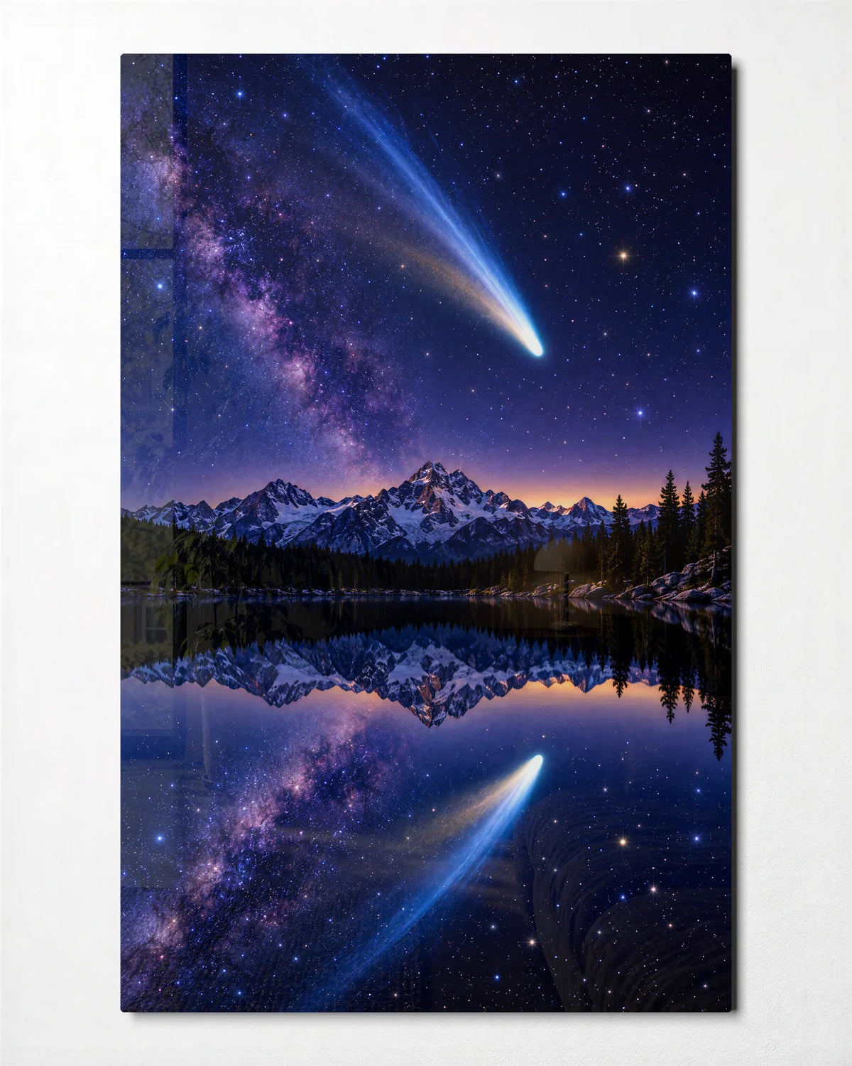 Comet Over the Lake — front view of glass wall art