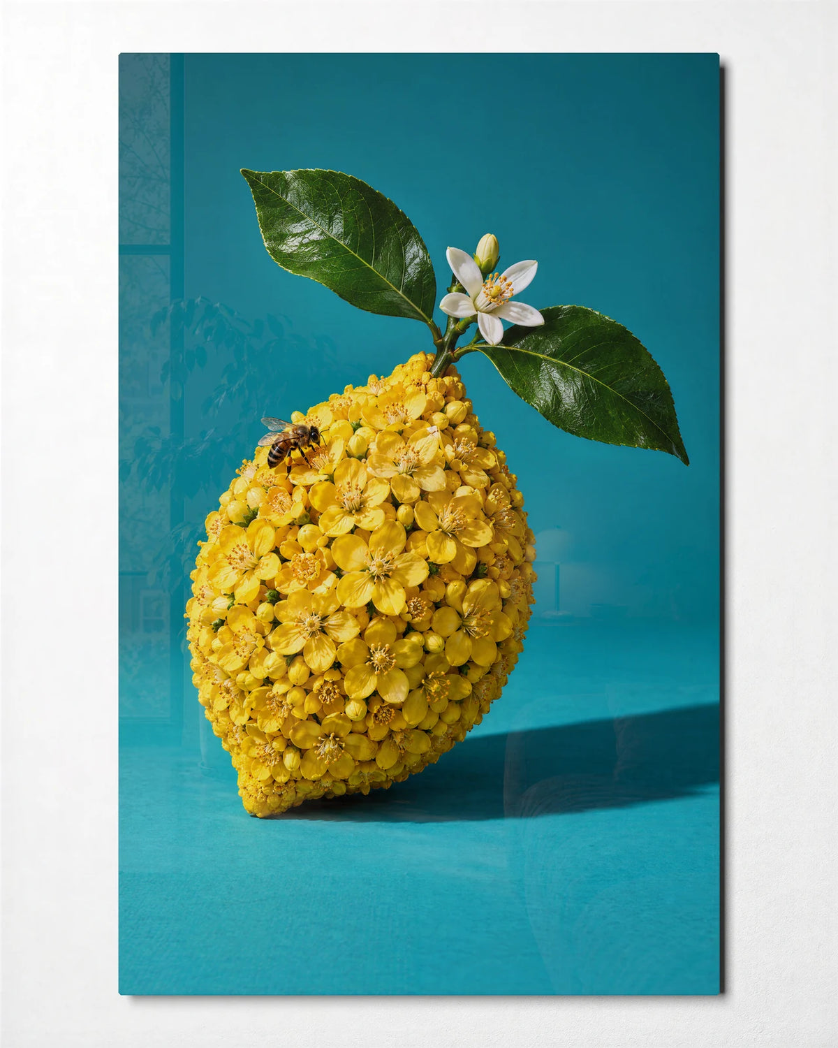 Lemon Made of Flowers — front view of glass wall art