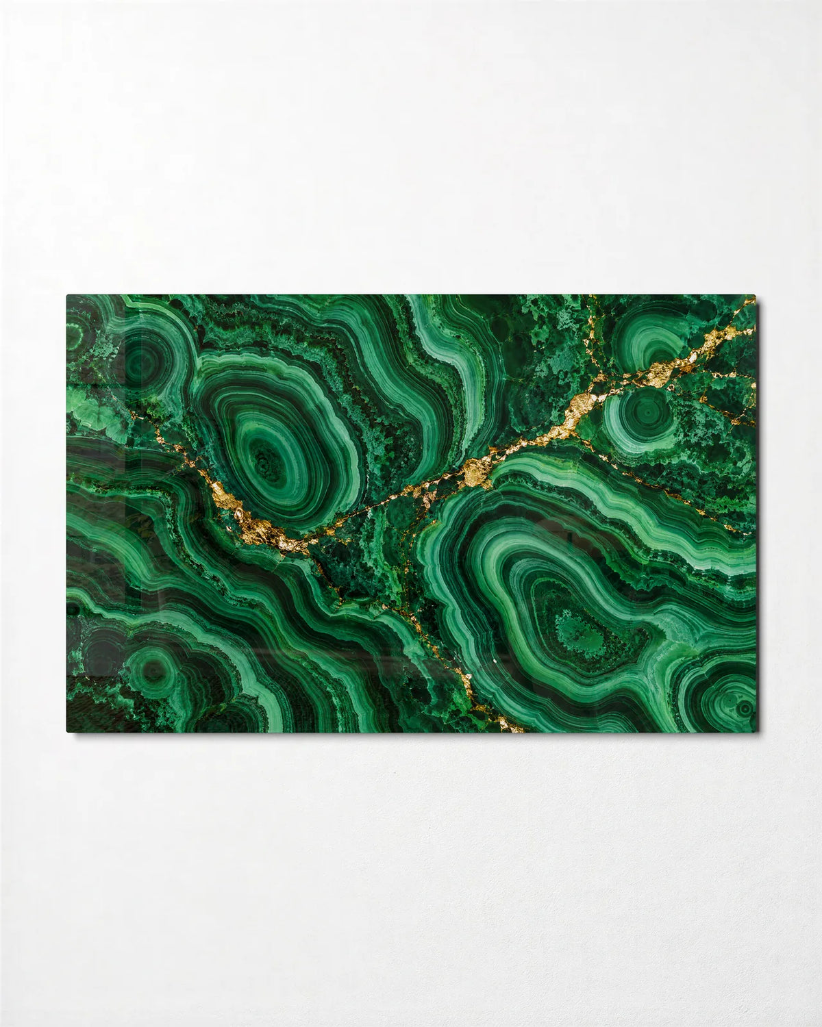 Malachite and Gold — front view of glass wall art