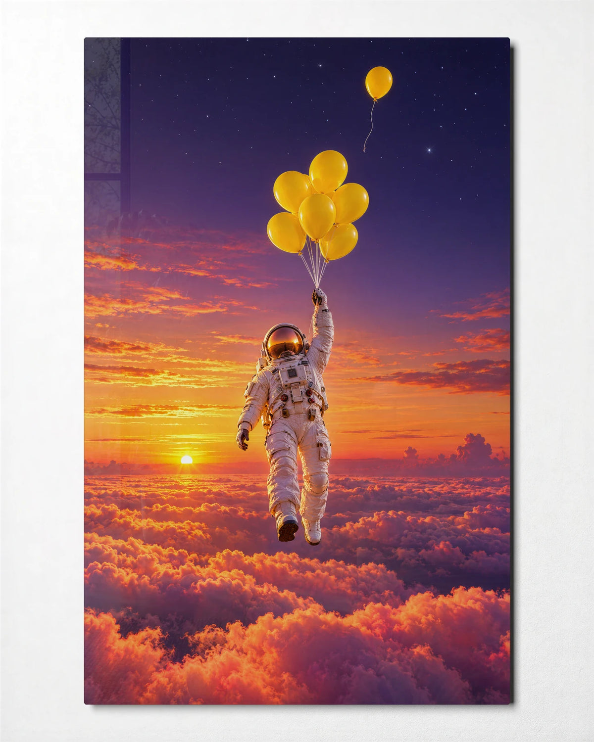 Astronaut with Balloons — front view of glass wall art