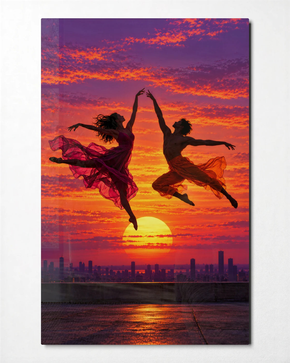 Leap at Sunset — front view of glass wall art