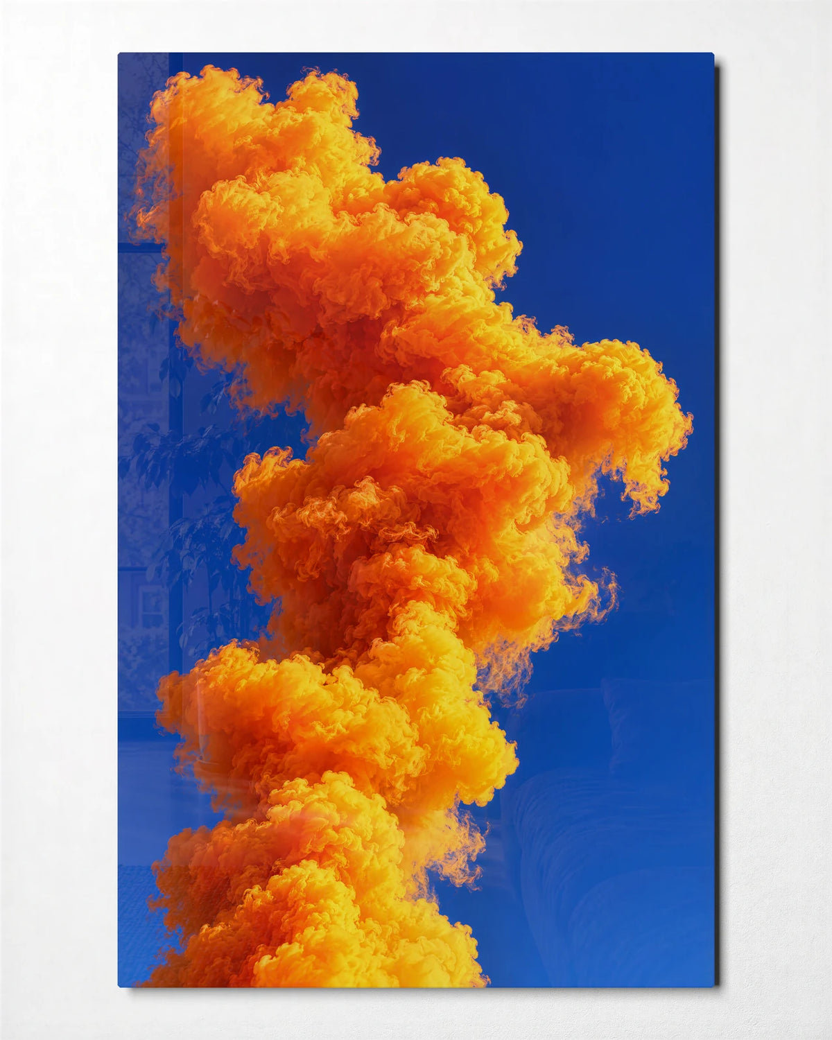 Orange Smoke Blue Sky — front view of glass wall art