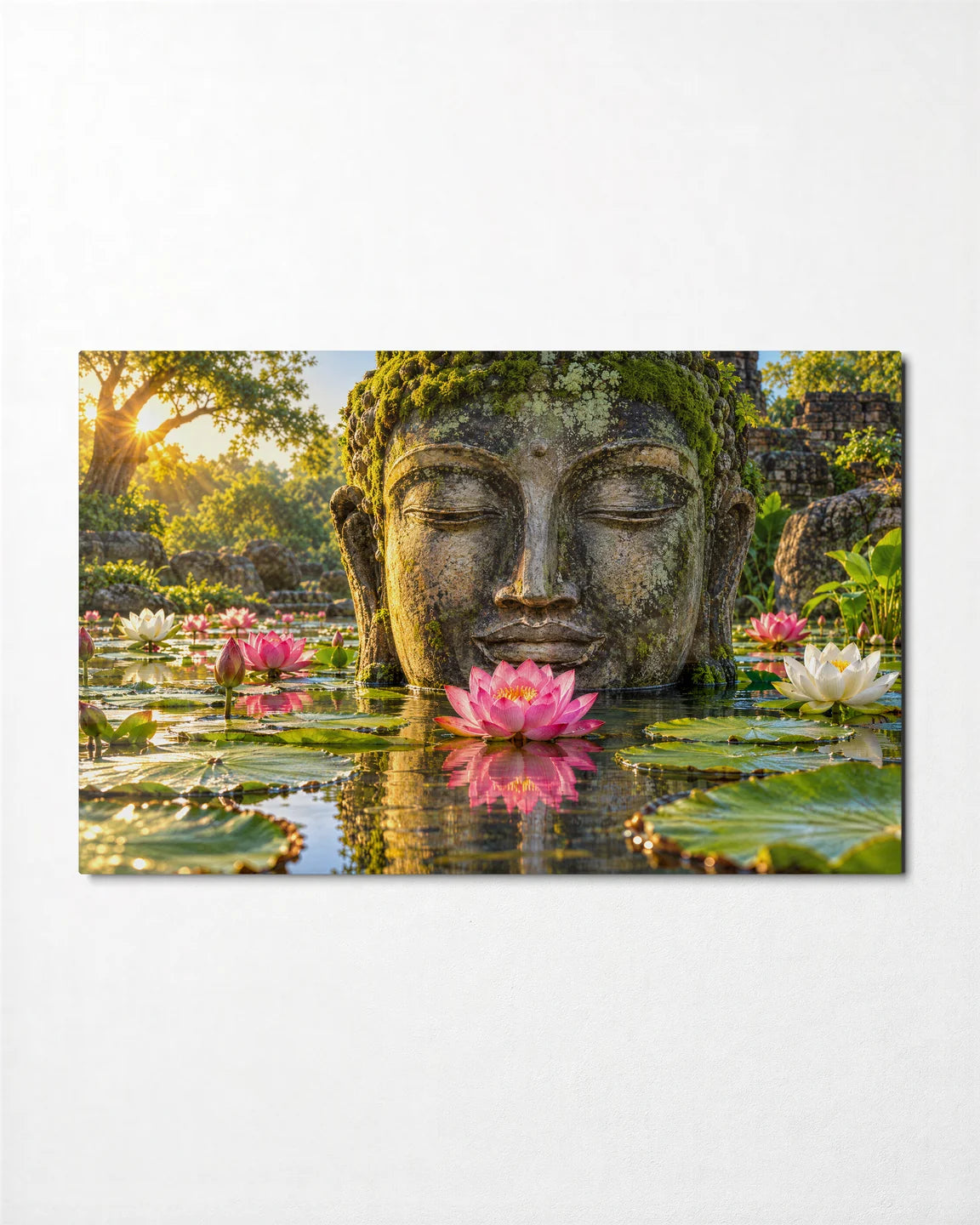 Stone Buddha Among Lotus — front view of glass wall art