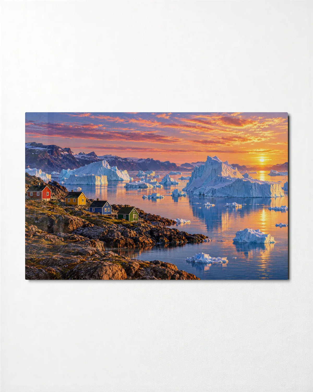 Icebergs at Sundown — front view of glass wall art