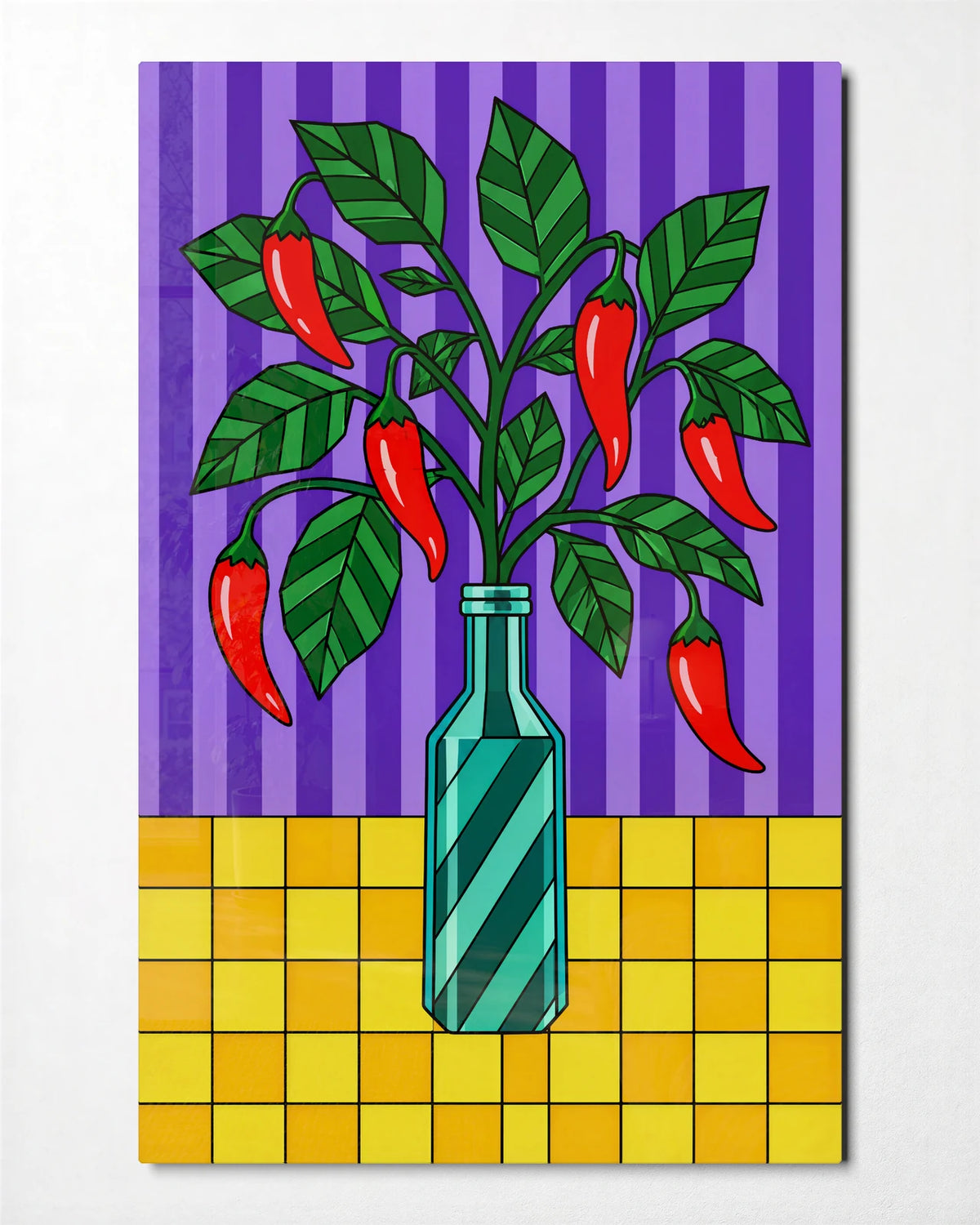 Chillies in a Bottle — front view of glass wall art