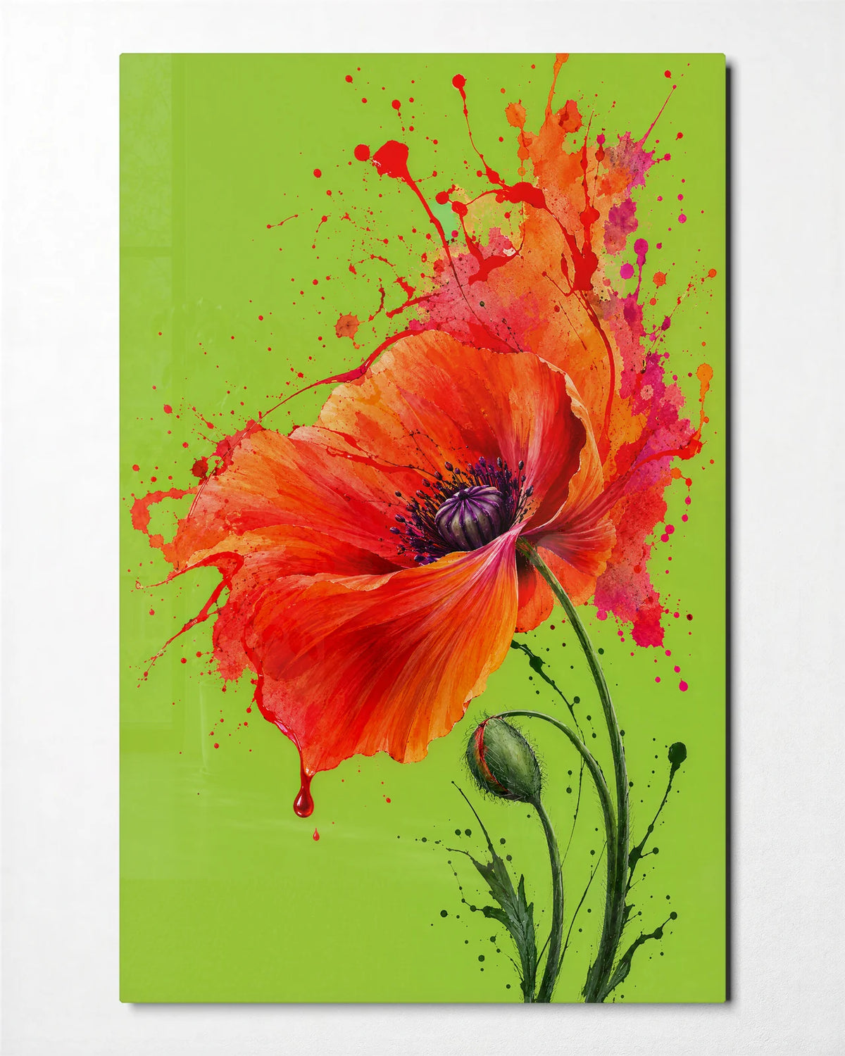 Ink Poppy on Lime — front view of glass wall art