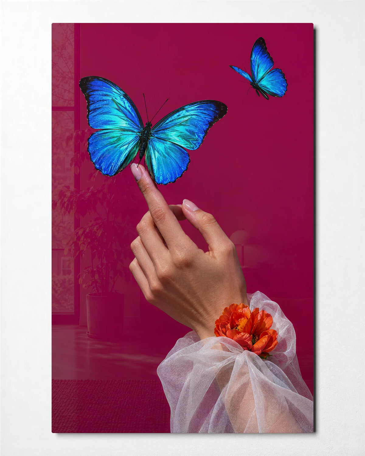Morpho on a Fingertip — front view of glass wall art