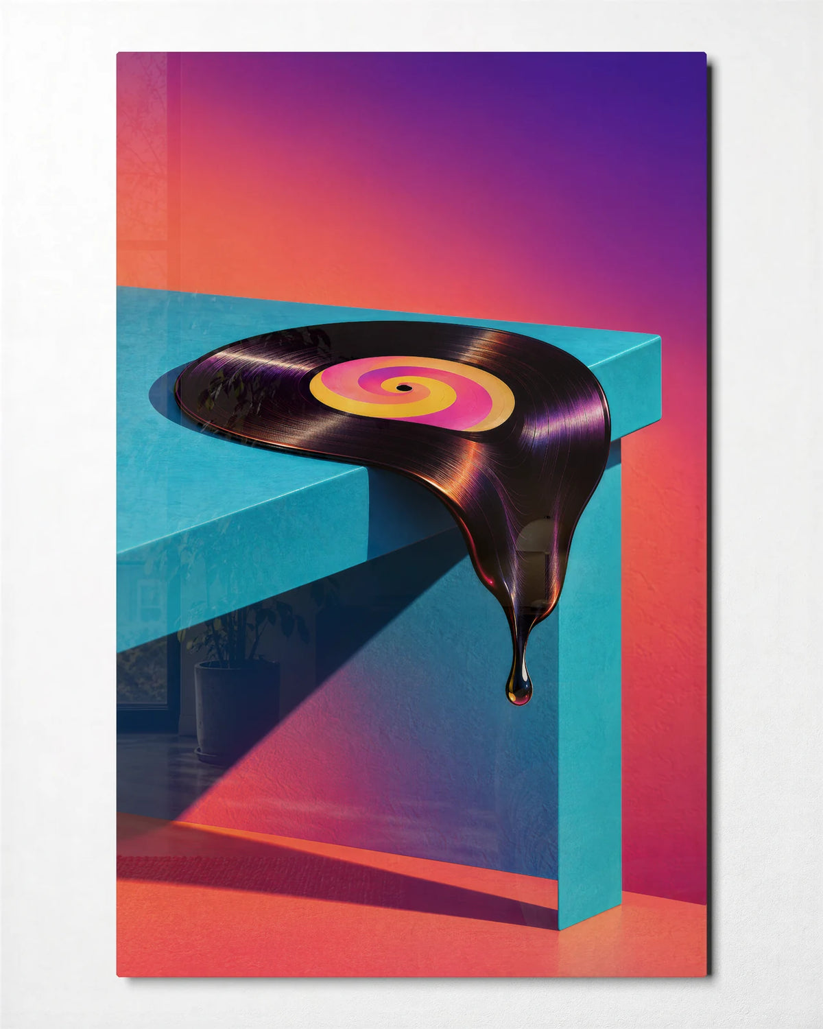 The Record Melts — front view of glass wall art