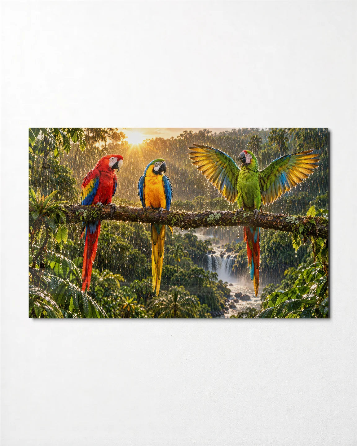 Three Macaws in the Rain — front view of glass wall art