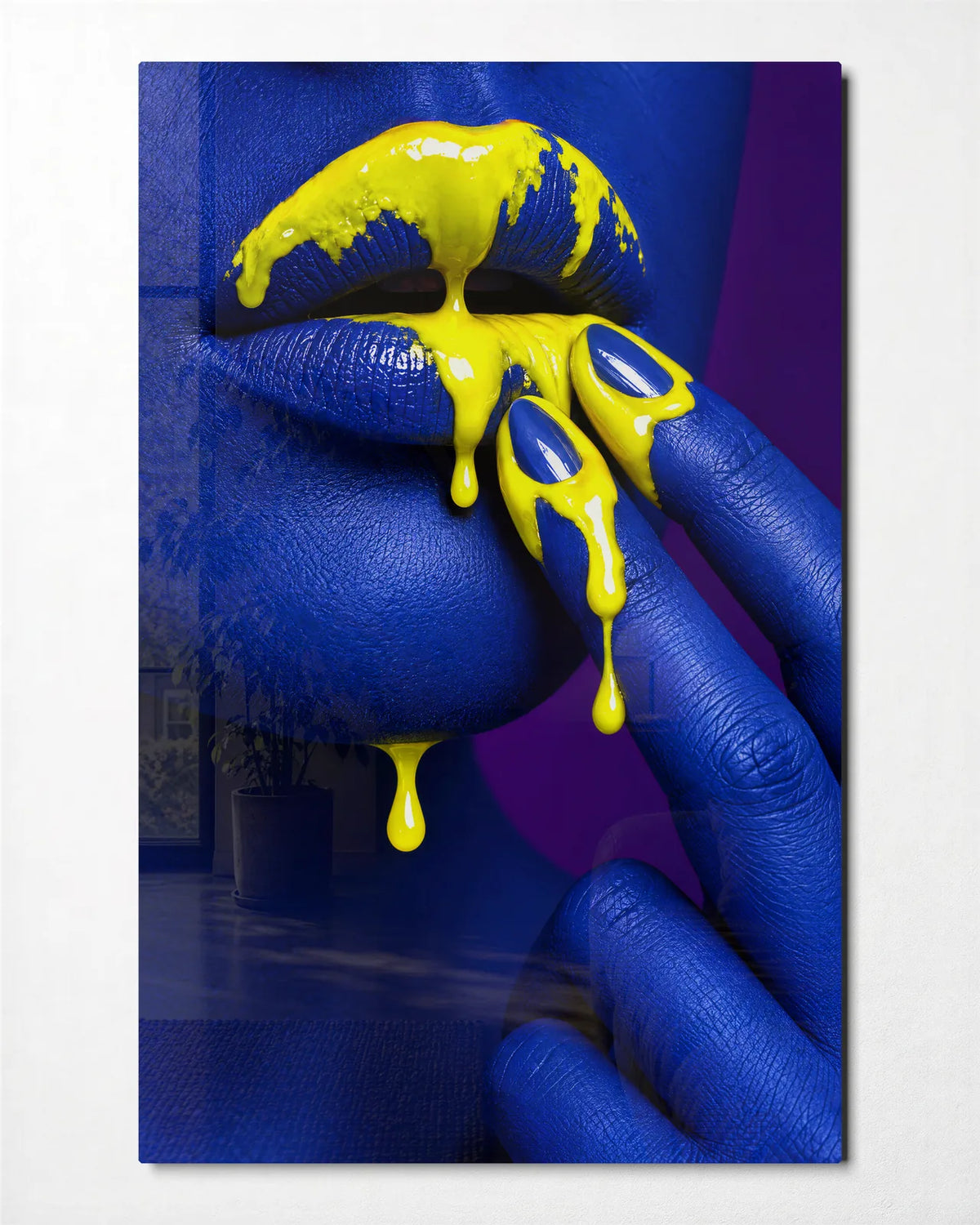 Honey on Cobalt — front view of glass wall art