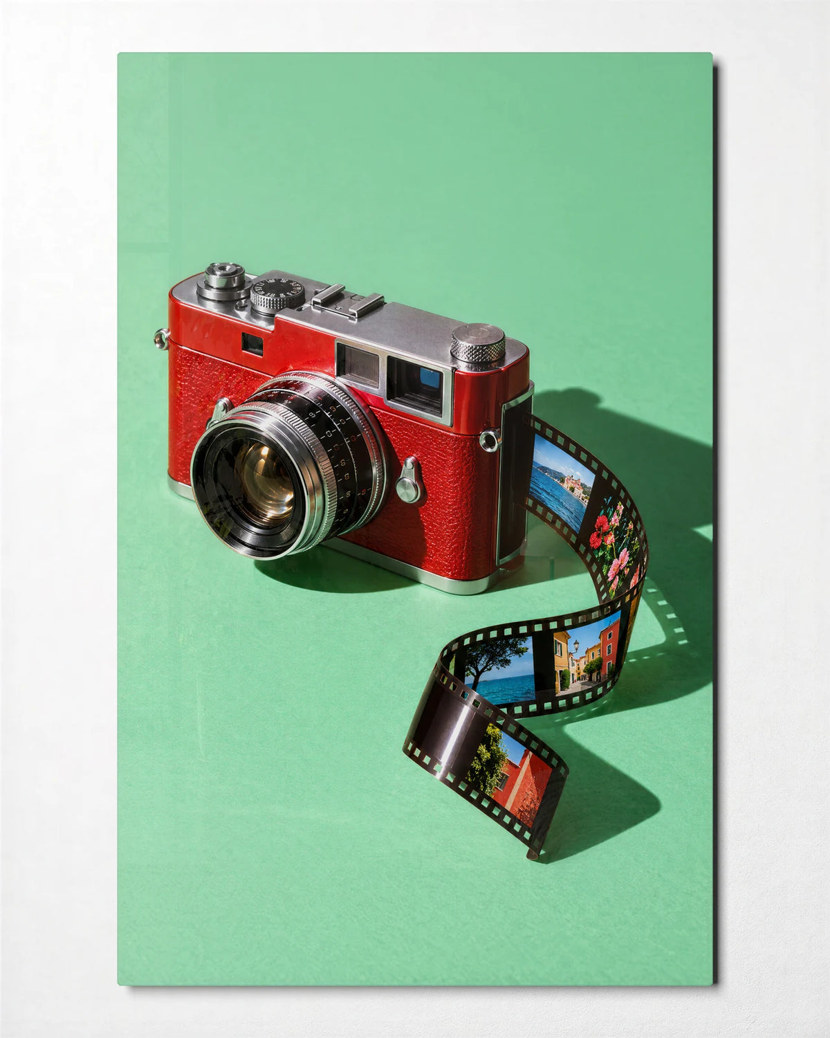 Red Camera on Mint — front view of glass wall art