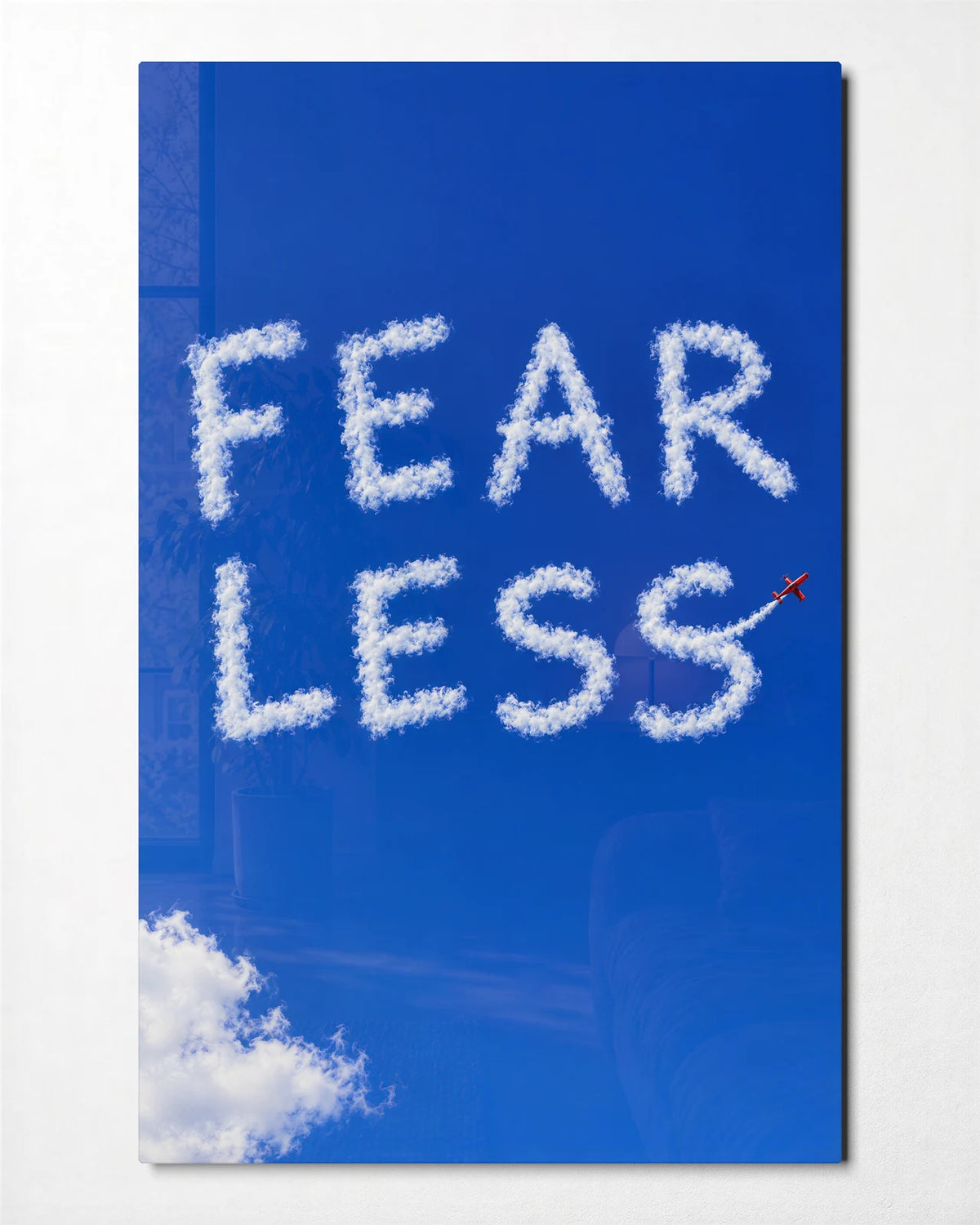 Fear Less Skywriting — front view of glass wall art
