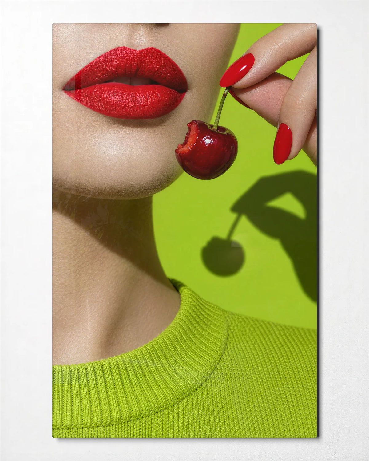 Cherry Lips — front view of glass wall art