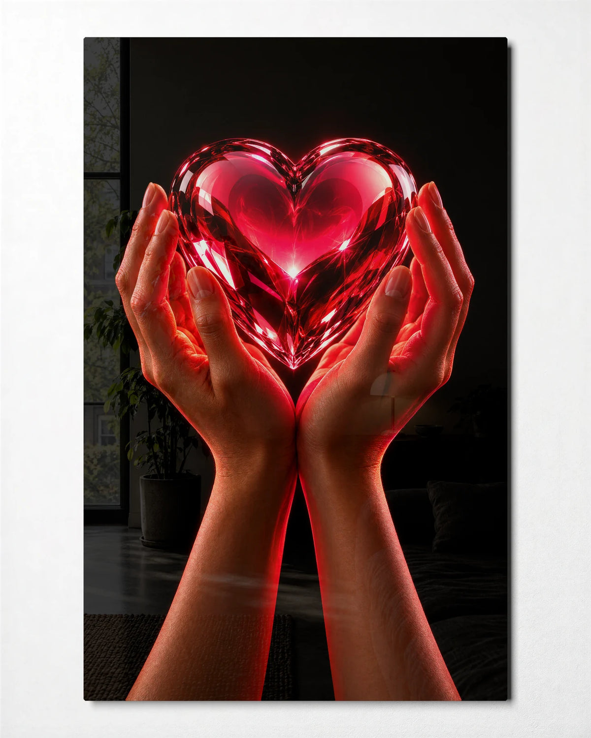 Glass Heart in Hands — front view of glass wall art